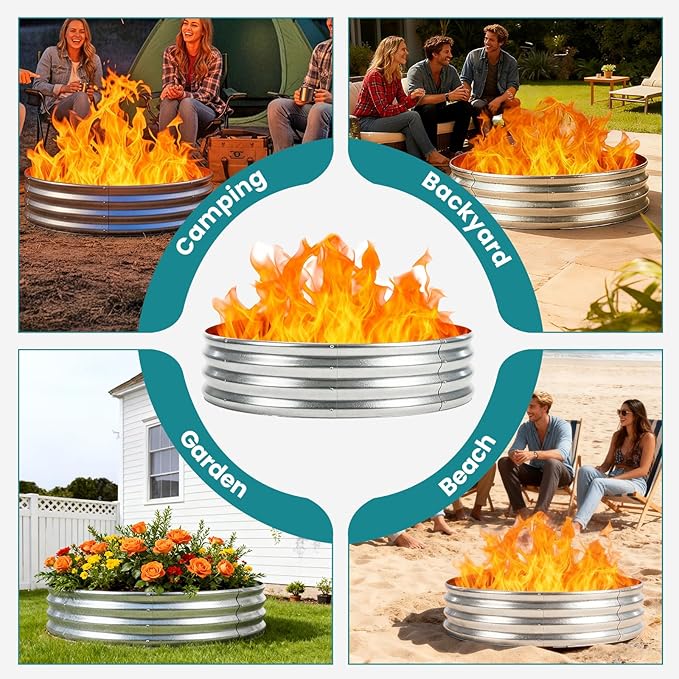 OLIXIS 5FT Round Fire Ring Pit, Outdoor Camp Firepit, Heavy Duty Galvanized Steel 60 Inch Foldable Outside Wood Burning Bonfire Fire Pit Ring for Camping, Backyard, Garden, Beach, Yard Gatherings