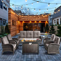 HUMMUH 7 Piece Patio Furniture Set with Fire Pit Table,Wicker Patio Swivel Rocker Outdoor Chairs 3-Seat Sofa for Porch,Poolside,Deck