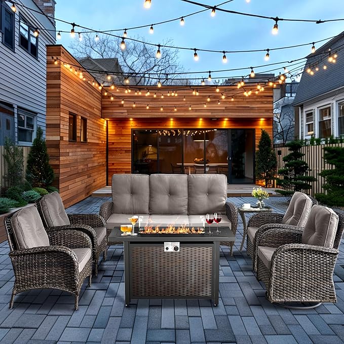 HUMMUH 7 Piece Patio Furniture Set with Fire Pit Table,Wicker Patio Swivel Rocker Outdoor Chairs 3-Seat Sofa for Porch,Poolside,Deck