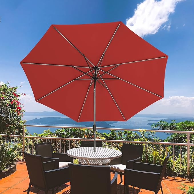 Sundale Outdoor Olefin 5-Year-Non-Fading Solar 80 LED 9 FT Solar Patio Umbrella with Sand Bag Base, Outdoor Umbrella with Tilt and Crank, Red
