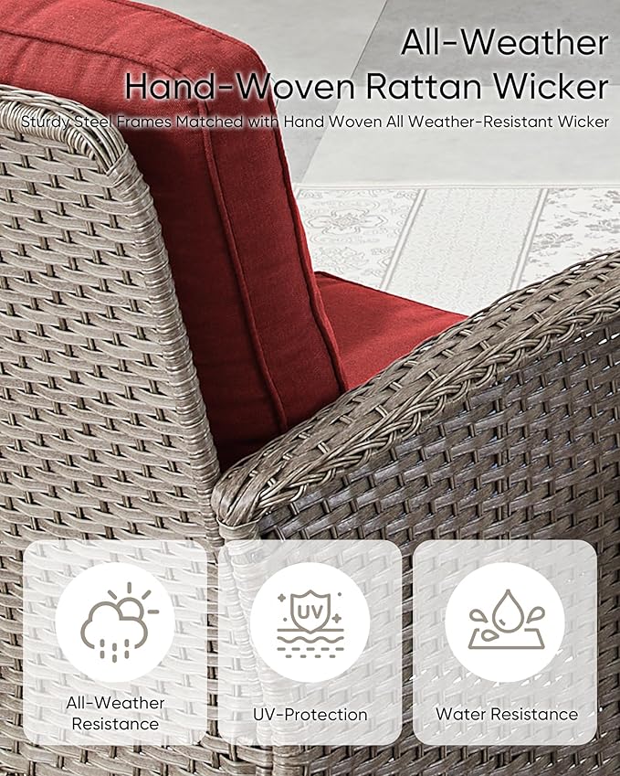 HUMMUH 6 Pieces Patio Furniture Set-Patio Glider Loveseat with Rattan Outdoor Swivel Chairs Outdoor Conversation Furniture Sets for Deck Lawn Porch Balcony Poolside-Grey/Red