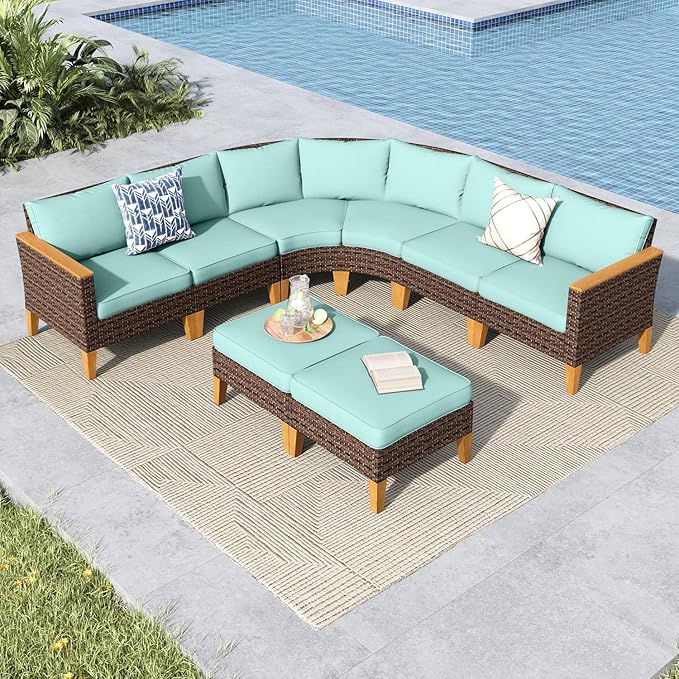 MFSTUDIO 8 Pieces Extra Large Wicker Patio Furniture Set, Rattan Half-Moon Sectional Sofa Outdoor Conversation Set, 2 x Curved Sofa, 2 x Armless Couch, 2 x Ottoman, 2 x Corner Chair(Aqua Blue Cushion)