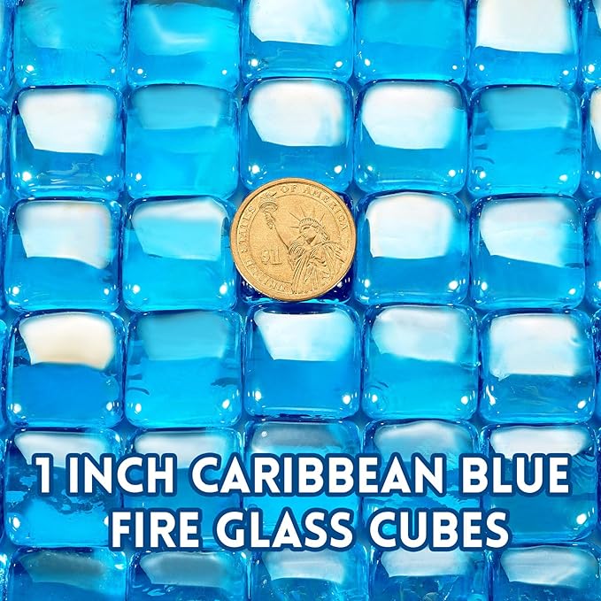 GasSaf Caribbean Blue Fire Glass Cubes for Outdoor Fire Pit, Fireplace, Replaces Existing Gas Logs & Lava Rocks, 1 Inch Glass(20 Pound)(Caribbean Blue Luster)
