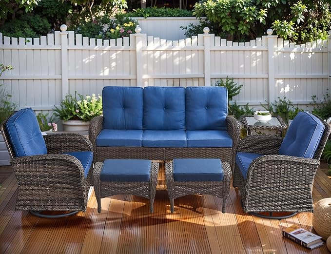 HUMMUH 6-Piece Patio Furniture PE Wicker Outdoor Conversation Set,All-Weather Rattan Swivel Rocker Chairs Outdoor Couch Ottomans for Backyard,Poolside,Deck