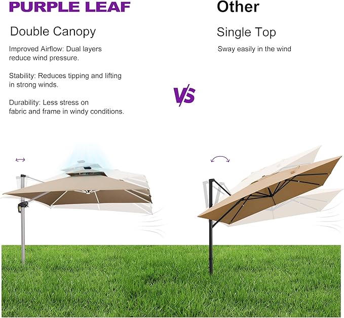 PURPLE LEAF 10' X 13' Double Top Deluxe Solar Powered LED Rectangle Patio Umbrella Offset Hanging Umbrella Outdoor Cantilever Umbrella, Beige