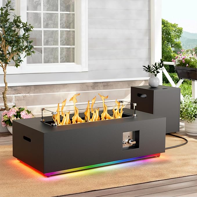 Dineli 2-Piece Outdoor Propane Fire Pit Table Set w Tank Table 42'' Rectangular Gas Fire Pits for Outside Patio 2-in-1 Table Fire Pit Tabletop w LED, 50,000 BTU (Black with RGB Light)