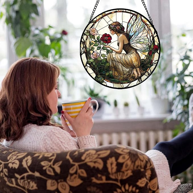 JOSUMALY Stained Glass Window Hanging - Butterfly Flower Fairy Suncatcher for Door Terrace Garden Home Decor Yellow Green Plants Sun Catcher Birthday Gifts for Lovers Women Men Dad Mom Nana 15 in