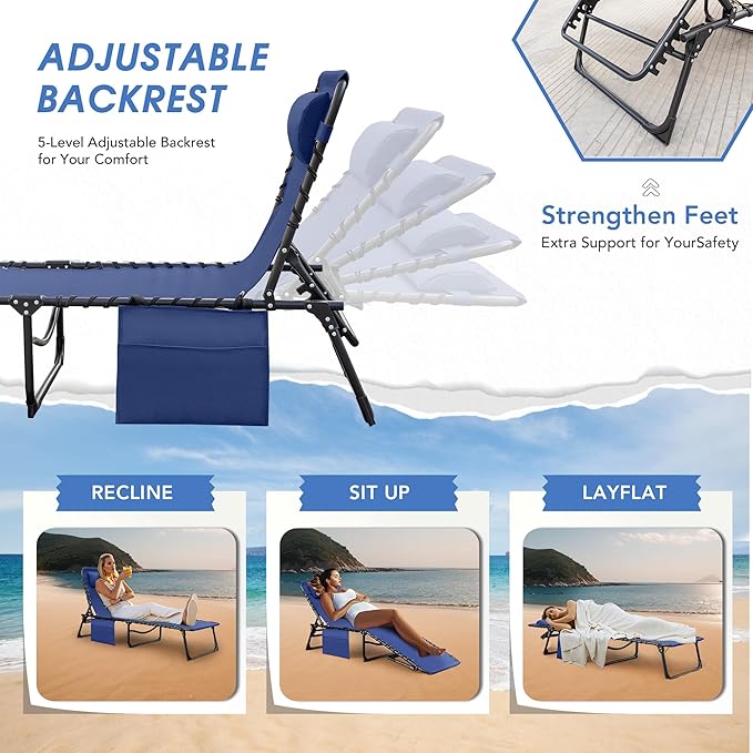 Flamaker Foldable Chaise Lounge Chair 5-Position Adjustable, Tanning Chair with Side Pocket, Outdoor Sunbathing for Pool, Beach, Patio, Lawn, Indoor Recliner Chair for Napping(Blue, 1 Pcs)