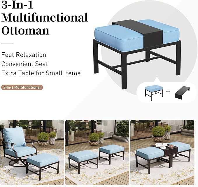 SUNSHINE VALLEY 6 Piece Metal Outdoor Patio Furniture Set with Firepit Table, Patio Conversation Set 1 3-seater Sofa, 2 Fixed Chair, 2 Ottomans with 5.75" Thick Cushion, Black Backyard Furniture, Blue