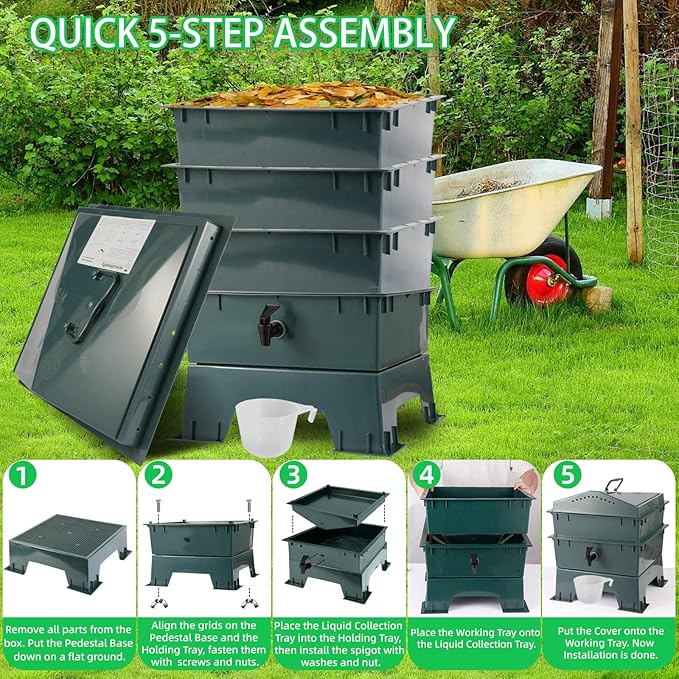 4-Tray Worm Compost Bin, Worm Composter for Outdoor & Indoor, ecocultivatify Wormie's Home, Worm Bin Set for Recycling Household Waste (Dark Green)