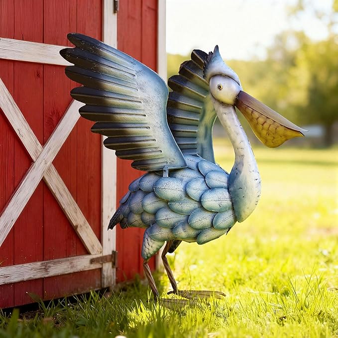 Ultym 18.5" Metal Pelican Yard Decor - Handmade Large Coastal Ocean Bird Sculptures with Stable Ground Stakes, Backyard Decoration, Metal Garden Art