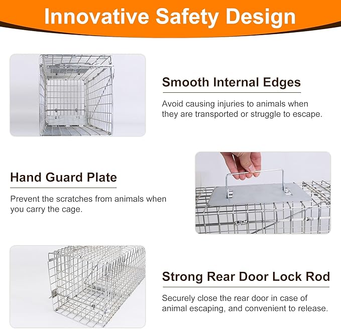 Humane Animal Cage Trap - Collapsible Galvanized Steel Live Cage Trap for Raccoons, Groundhogs & Stray Cats, 24"x8"x7", Indoor/Outdoor Use (Catch & Release)