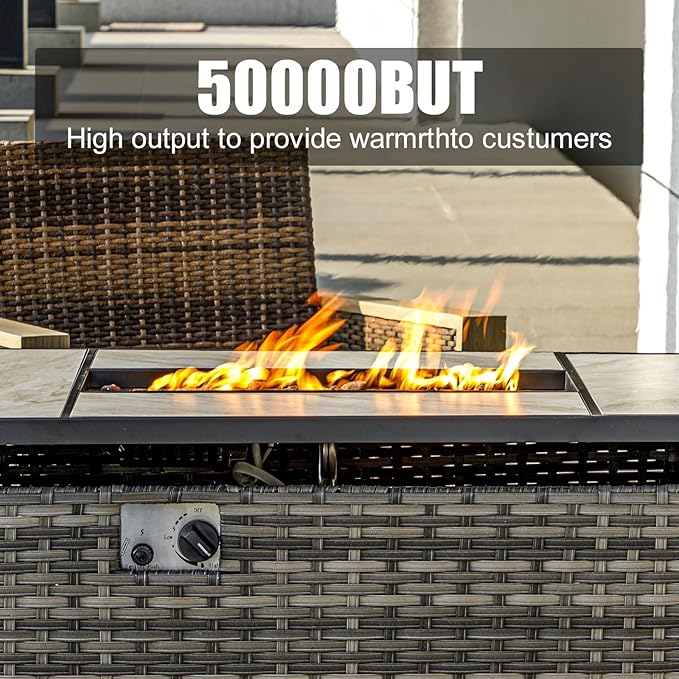 47" Propane Fire Pit Table with Real Ceramic Tabletop & Ratten Side Panel, 50000 BTU Gas Firepit Table with Lid & Lava Stones, Outdoor Fire Pit for Dining or Party, Firepit for Outside, Patio