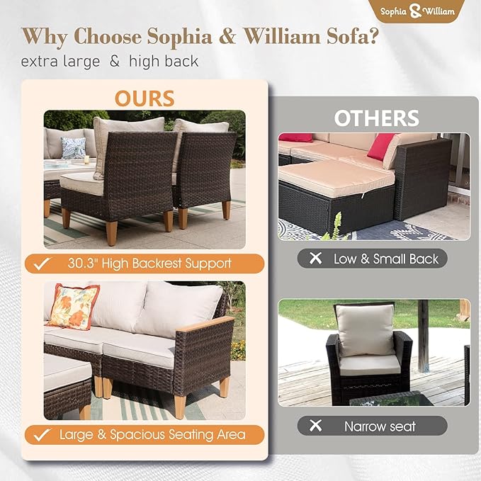 Sophia & William Outdoor Patio Furniture Set High Back Wicker Sofa All-Weather Patio Conversation Set Couch with Clips & 4" Thick Cushions Deck Porch Furniture, Beige
