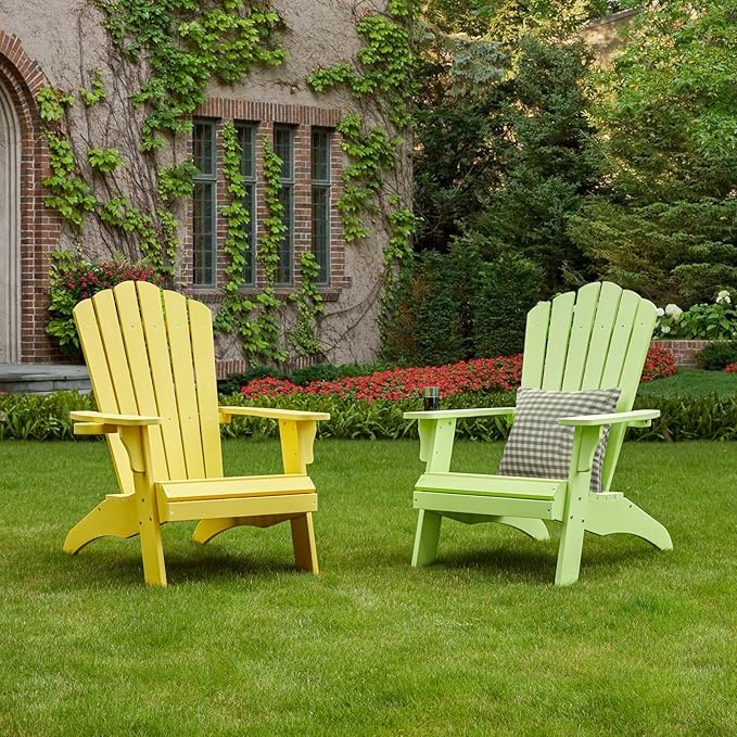 Psilvam Adirondack Chair, Oversized Poly Lumber Fire Pit Chair with Cup Holder, 350Lbs Support Patio Chairs for Garden, Weather Resistant Adirondack Chair Looks Like Real Wood (4, Yellow)