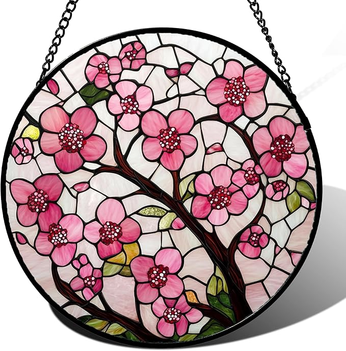 CRISGIF Stained Glass Window Hanging - Cherry Blossoms Birth Flower Suncatcher for Door Garden Patio Sun Catchers Decor Christmas Mother's Day Birthday Gifts for Women Mom Nana Friend Wife 9.8 in