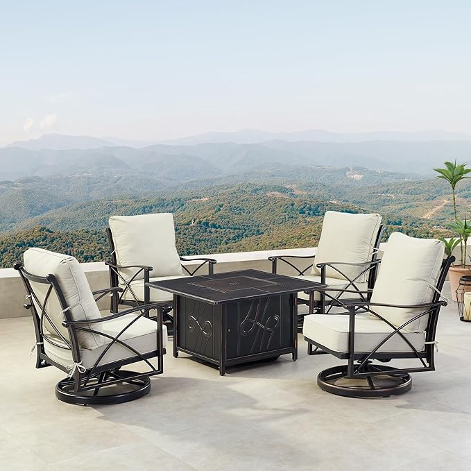 Oakland Living Black Aluminum Patio Fire Table Set with Four Club Chairs