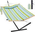 Homgava Two Person Hammock with Stand for Outside Heavy Duty, Outdoor Patio Hammock with Portable Steel Stand, Large Double Hammocks,480lbs Capacity.(Light Blue Stripes)