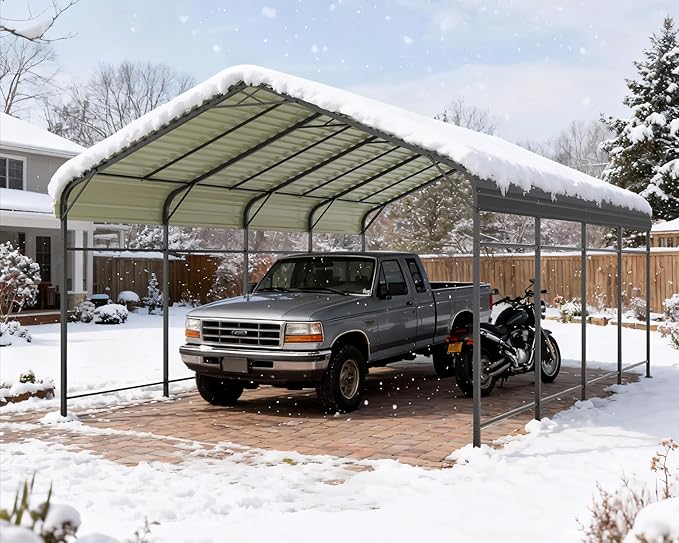 Greesum 12x20FT Metal Carport with Heavy Duty Frame and Galvanized Steel Roof, Round Carports with Side Support Rods, Canopy Shelter for Car, Pickup Trucks, Boats and Tractors, Party, Gray