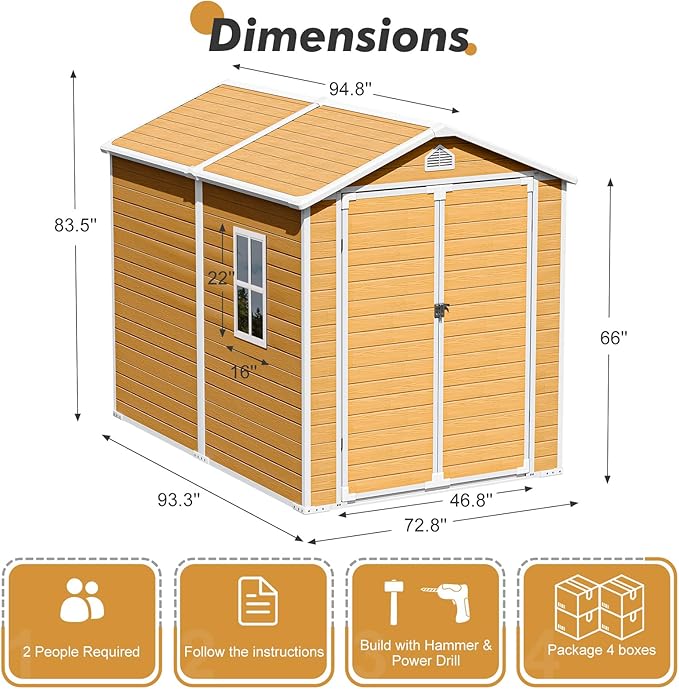 Plastic Sheds 6x8 Resin Outdoor Storage with Floor Included, Waterproof Lockable Garden Shed Tool Cabinet Brown