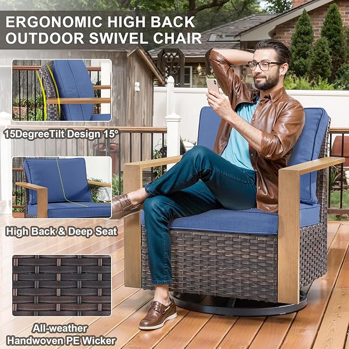 6 Piece Outdoor Patio Furniture Set with Propane Fire Pit Table, Wicker Patio Conversation Set with 2 Swivel Rocker Chairs Rattan Sofa and Removable 4" Thick Cushions for Deck Backyard