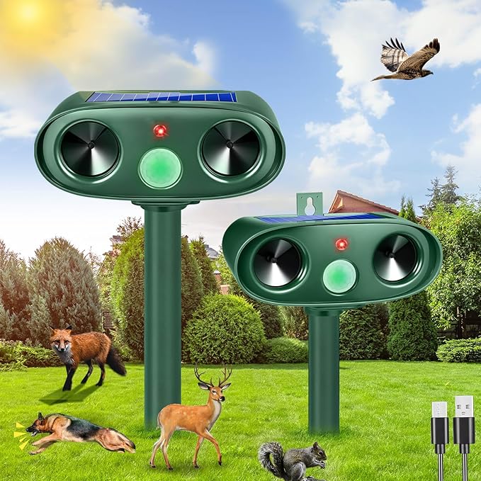 2 Pack Solar Ultrasonic Cat Repellent Outdoor, Waterproof Solar Animal Repellent for Garden, Ultrasonic Deer Deterrent Devices for Yard Lawn to Scare Rabbit, Dog, Squirre, Raccoon, Skunk (2)
