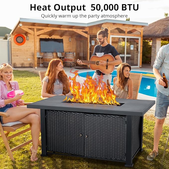 52" Propane Fire Pit Table, 2-in-1 50,000 BTU Rectangular Outdoor Gas Firepit with Glass Guard, Tabletop Lid, Storage Space & Covers, Patio Heater for Backyard, Deck & Garden
