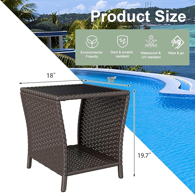 kinbor Outdoor Wicker Side Table - Set of 2 Tempered Glass Top Small Outdoor Table with Storage Shelf for Patio, Balcony & Porch, Durable PE Rattan & Iron Frame