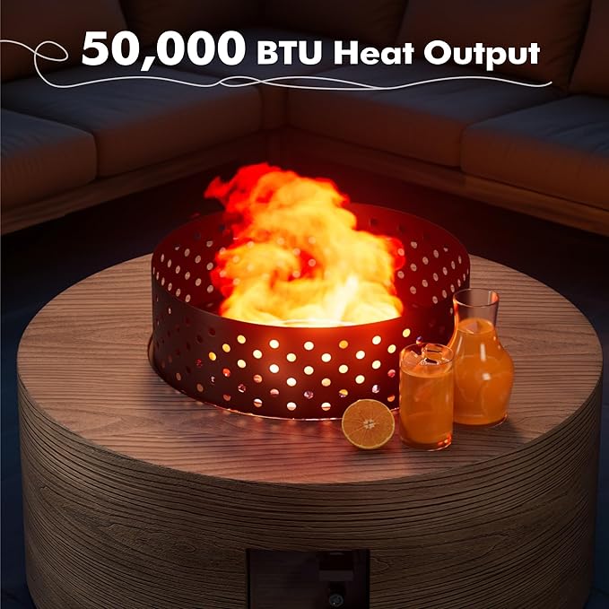 30" Round Propane Fire Pit Table - 50K BTU with Lid, Rocks Tank Storage and Cover - Round Gas Fire Pits for Outside Patio - Outdoor Table with Firepit (Teak Finish, 30" Round)