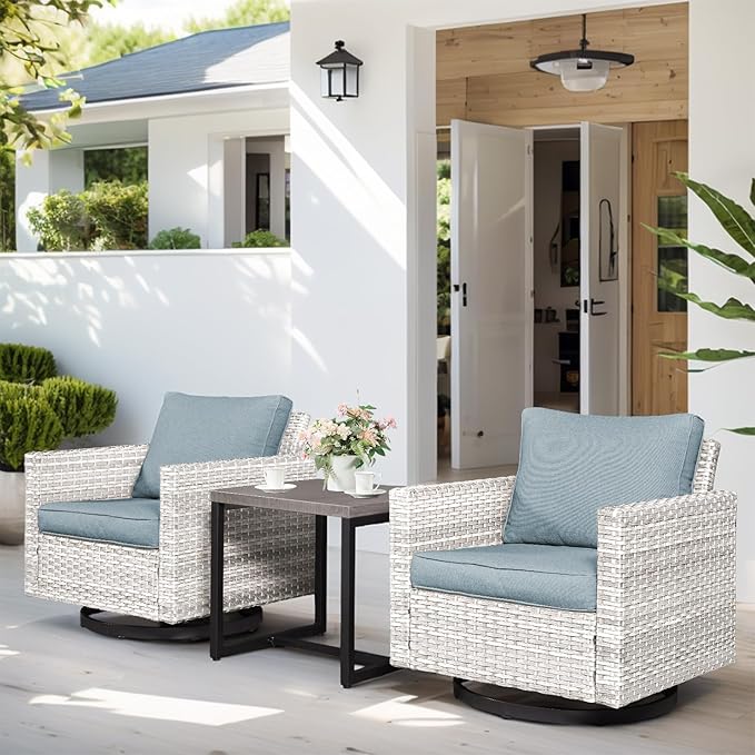 HUMMUH 3-Piece Patio Swivel Chairs,PE Wicker Outdoor Rocking Chairs Bistro Set with Side Table Porch Balcony Furniture with Cushions