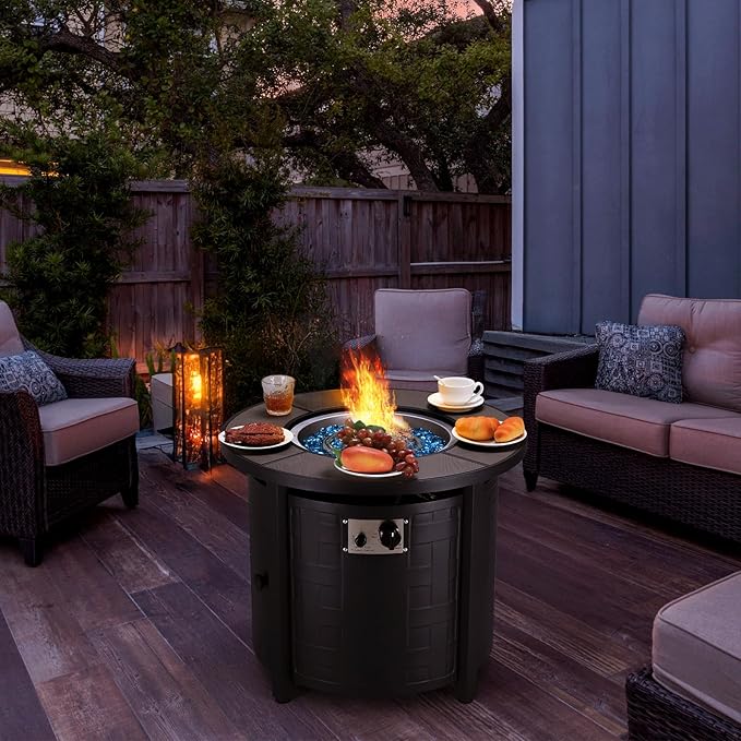 TLGREEN Propane Fire Pit Table 30in, 50,000 BTU Auto-Ignition Round Gas Fire Pit, Patio Furniture Outdoor and Indoor, Fire Table with Waterproof Cover, Blue Stone and Lid