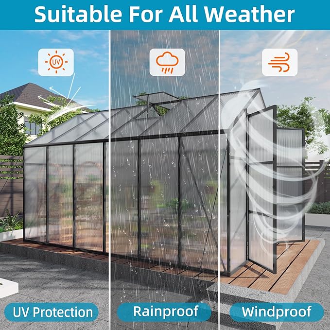 KEIKI Aluminum 8x12 FT Walk-in Polycarbonate Greenhouse, Outdoor Gardening Greenhouse with Raised Base, Roof Vent & Weather-Resistant Panels, Black