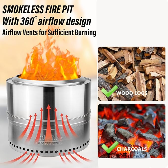 ONLYFIRE OUTDOOR LIVING Wood Burning Fire Pit with Carrying Bag, 19.5” Detachable Portable Firepit for Camping Tailgating Patio Backyard Bonfire, Smokeless Fireplace, Stainless Steel FP036