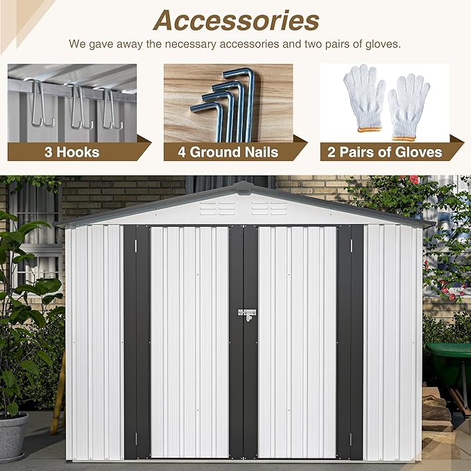 8x6 FT Outdoor Storage Shed W/ 2 Lockable Hinged Doors,Metal Shed W/Sloped Roof & 4 Air Vents,Garden Tool House W/Updated Frame Structure,for Backyard Patio Lawn,White