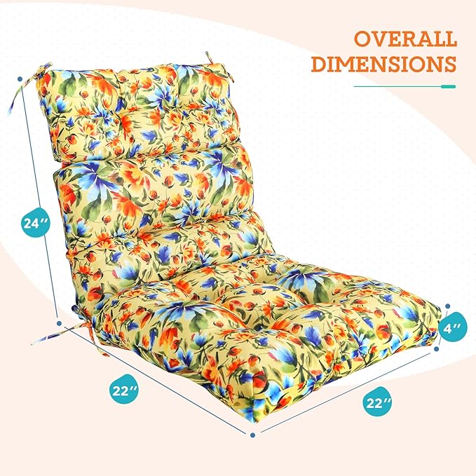 EAGLE PEAK Tufted Outdoor/Indoor High Back Patio Chair Cushions, Set of 2, 46'' x 22'', Floral