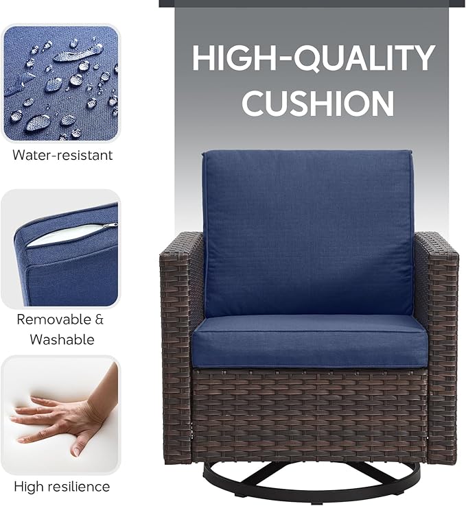7 Piece Wicker Patio Furniture Set - Outdoor Swivel Rocker Chairs Set with Coffee Table, Side Table, 3 Seat Sofa & Ottomans, Small Patio Conversation Sets for Balcony Deck - Brown/Blue
