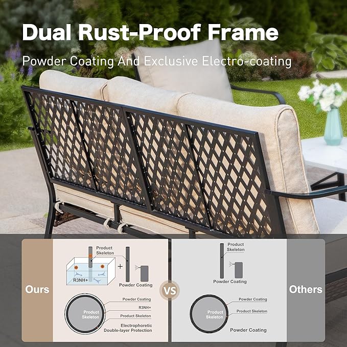 SUNSHINE VALLEY 5 Piece Metal Outdoor Patio Furniture Set with Firepit Table, Patio Conversation Sets 1 3-Seater Sofa, 2-Seater Loveseat, 2 Rocking Chairs with 5.75" Cushion for Backyard Deck, Beige