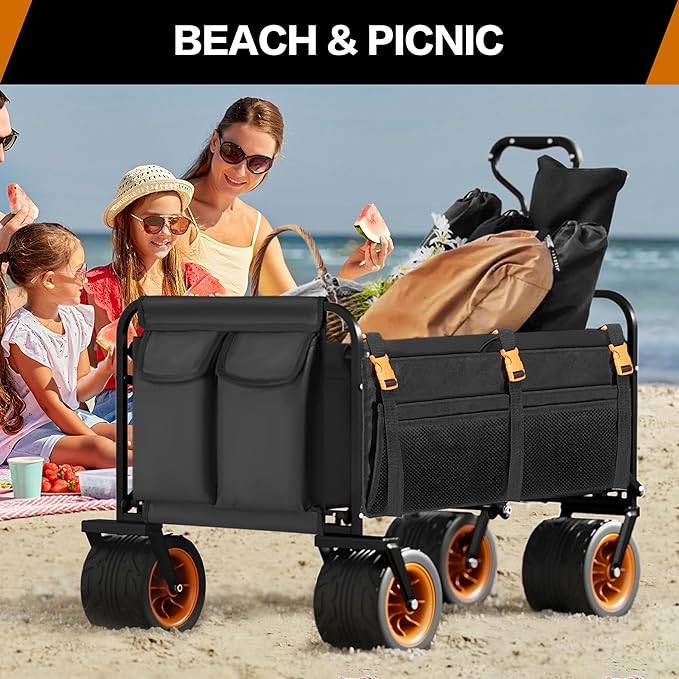 Highpro Heavy-Duty Folding Beach Cart with Extra Large 150L Capacity, 360° Locking Brakes, Waterproof Fabric, and 6 Storage Pockets – Holds Up to 320 lbs for Camping, Beach, and Outdoor Use
