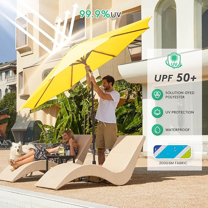 JEAREY 9FT Outdoor Patio Umbrella with Solar Lights, LED Lighted Pool Umbrella with Tilt and Crank, Outdoor Table Umbrellas for Deck, Yard & Market (Lemon)