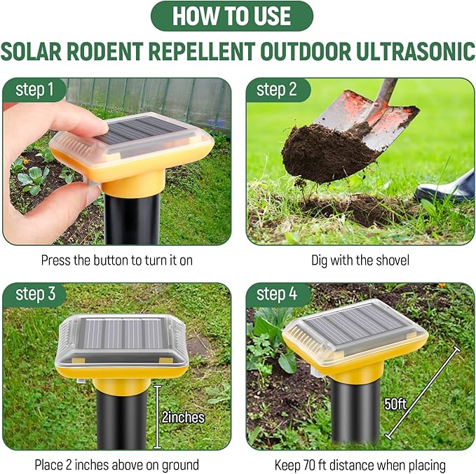 Mole Repellent Solar Powered,2025 Upgraded Gopher Repellent Ultrasonic Solar Powered,Vole Repeller Outdoor for Lawns Garden Yard,Gopher Trap Killer for Mole,Snake (Yellow,2 Pack)