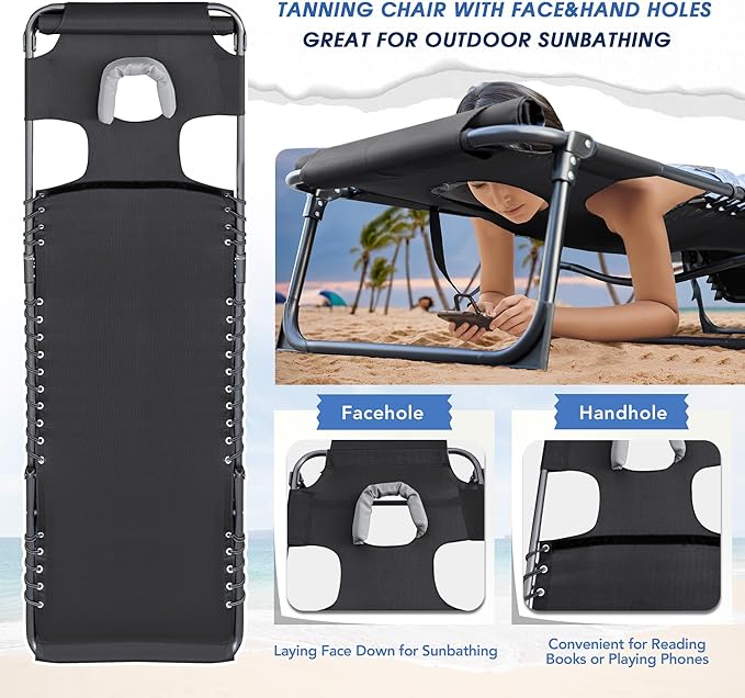 Flamaker Face Down Chaise Lounge Chair 5-Position Adjustable Sunbathing, Foldable Tanning Chair with Face& Arm Holes, Outdoor Recliner Chair for Pool, Beach, Patio, Lawn (Black, 1 Pcs)