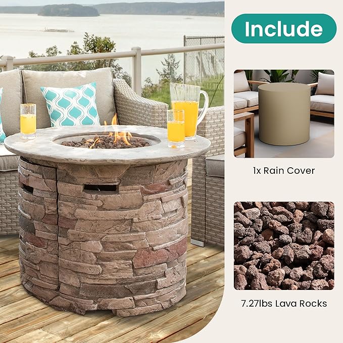 SUNBURY Outdoor Fire Pit Propane Round Fire Pit Table Fire Column, Stonecrest 40,000 BTU Gas Fire Pits for Outside w Lava Rocks, Waterproof Cover, CSA Certified