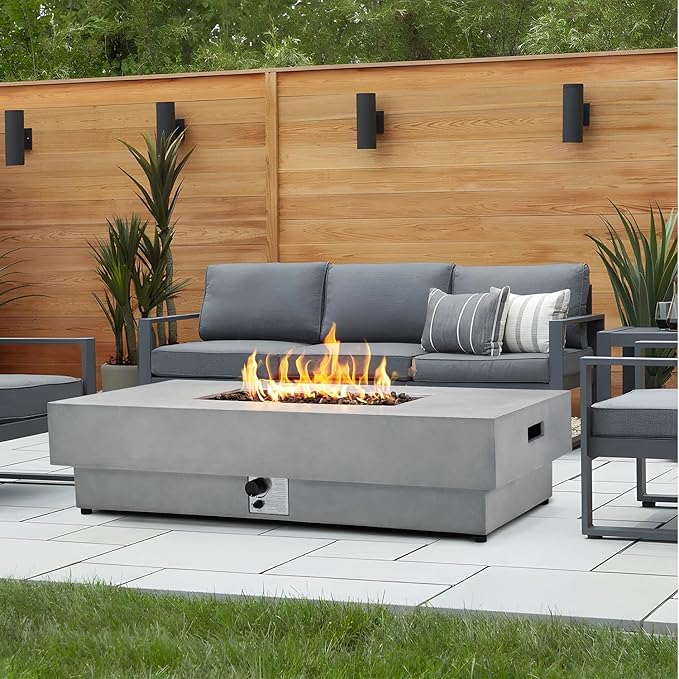 60 Inch Outdoor Propane Fire Pit Table, 50,000 BTU Natural Gas Firepit Rectangular Concrete Fire Table with Steel Lid, Natural Gas Orifice, Rain Cover for Outside Patio, Deck, Backyard, Garden