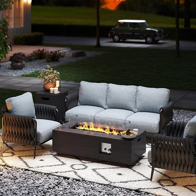 42in Fire Pit Table Propane Fire Pit 2 Piece Rectangular Gas Fire Pits 50,000 BTU with Wind Guard Propane Tank Cover Table Lava Rocks for Outdoor Outside Patio