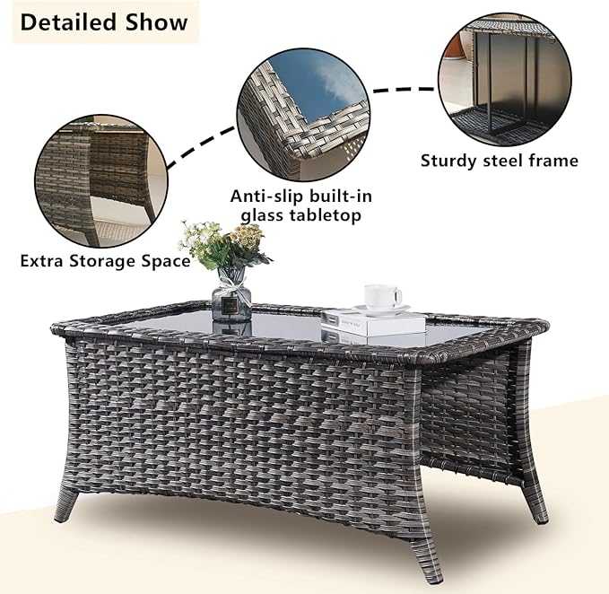 Rilyson Wicker Outdoor Patio Furniture Set - 8 Piece Patio Conversation Sets with Swivel Rocker Chairs, Ottomans, Sofa and Coffee Table, 6 inch Cushions, Deep Seating, for Porch Deck Mixed Grey/Grey