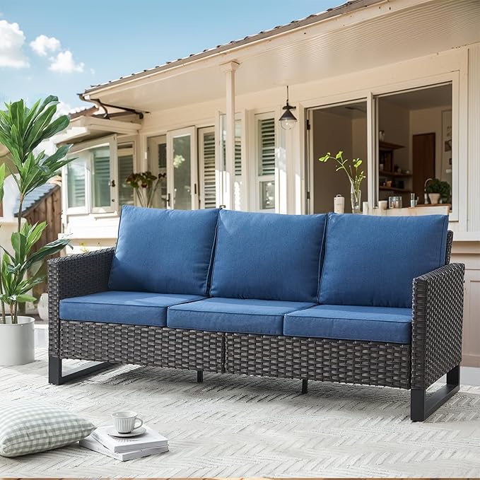 HUMMUH 10 Piece Patio Furniture Set PE Wicker 3 Outdoor Sectional Sofa Set with Patio Swivel Chairs Dinning Table Ottomans for Porch,Garden,Backyard,Deck(Brown/Blue)