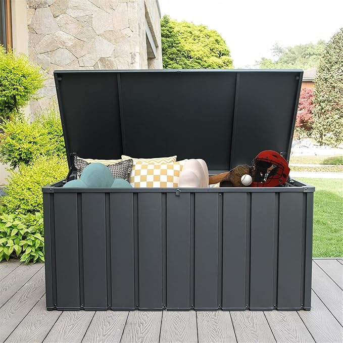 CHUNLY 160 Gallon Waterproof Deck Box with Lockable Lids, Patio Storage Box with Mobility Rollers, Outdoor Storage Bench for Furniture Cushions, Garden Tools & Pool Accessories (Dark Gray)