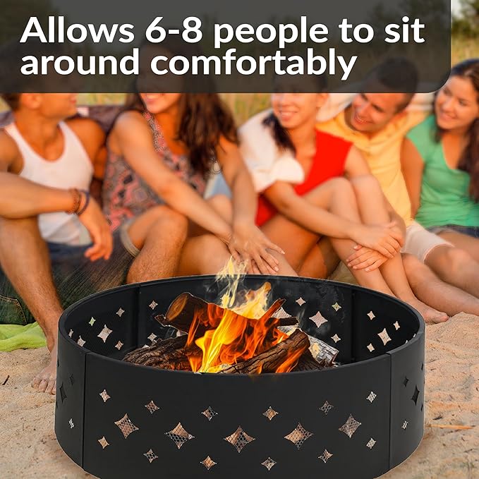 Sunnydaze 36-Inch Outdoor Fire Pit Ring with Poker - Round Heavy-Duty Steel Fire Ring for Camping or Backyard - Diamond - 10" H