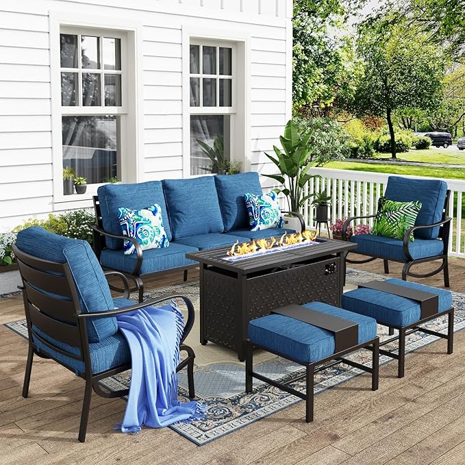 MFSTUDIO 6 Pieces Patio Furniture Sets with 45" Gas Fire Pit Table(Up to 7 Seat), Outdoor Metal Frame Patio Conversation Sofas with 1 x 3-Seat Sofa, 2 Sofa Chairs and 2 Ottoman, Peacock Blue Cushion