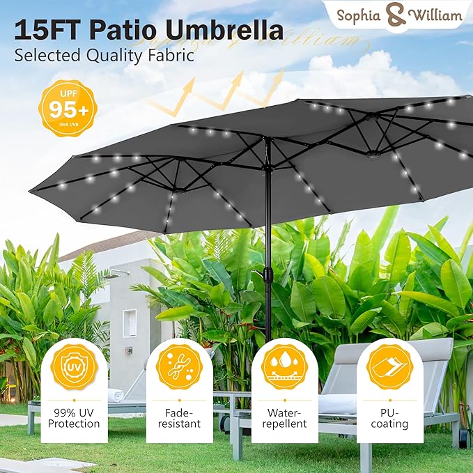 Sophia & William 15 ft Extra Large Patio Umbrella with Solar Lights, Rectangular Outdoor Umbrella with Base Included, Market Umbrella Double-sided Heavy Duty for Pool Garden Backyard, Smoky Gray